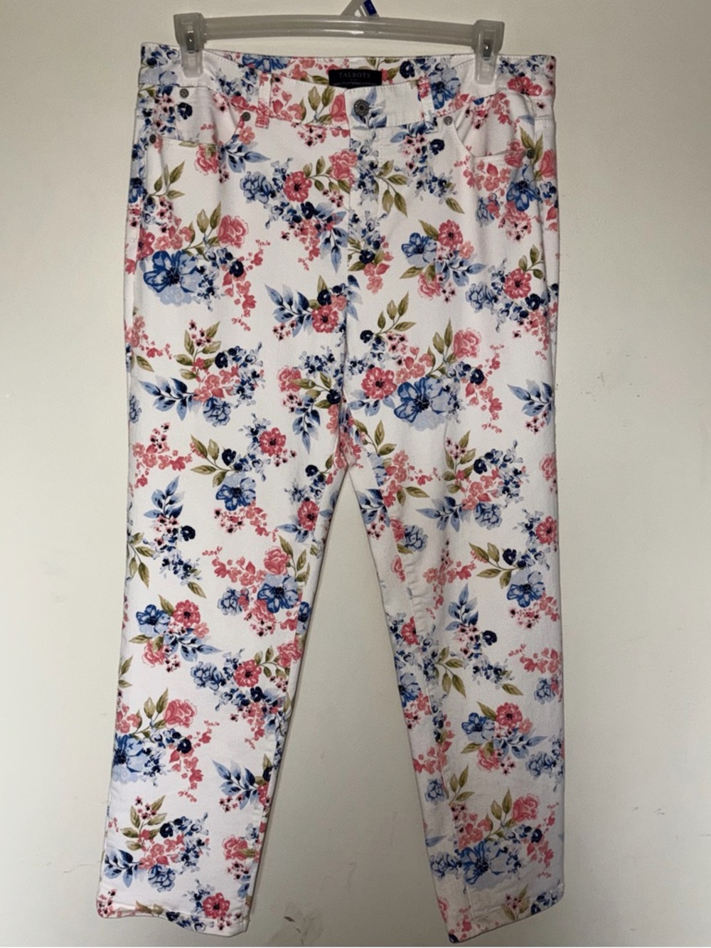 Talbots White Floral Print Ankle Denim Jeans with Pink and Blue Blossoms SIZE 14